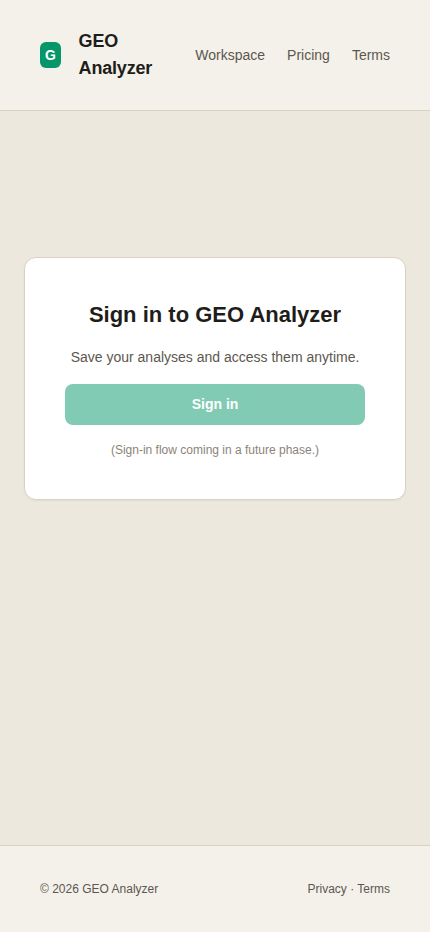GEO Analyzer mobile landing page screenshot